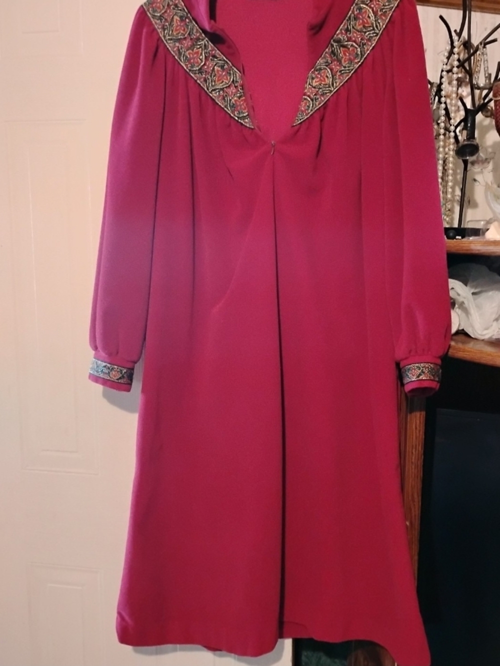 Classic Magenta Long Sleeve Dress with Embroidered Trim